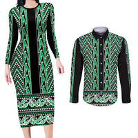 New Zealand Maori Niho Taniwha Couples Matching Long Sleeve Bodycon Dress and Long Sleeve Button Shirt Kakariki Mangopare and Puhoro Pattern LT9 Green - Polynesian Pride