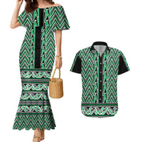 New Zealand Maori Niho Taniwha Couples Matching Mermaid Dress and Hawaiian Shirt Kakariki Mangopare and Puhoro Pattern LT9 Green - Polynesian Pride