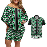 New Zealand Maori Niho Taniwha Couples Matching Off Shoulder Short Dress and Hawaiian Shirt Kakariki Mangopare and Puhoro Pattern LT9 Green - Polynesian Pride