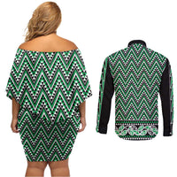 New Zealand Maori Niho Taniwha Couples Matching Off Shoulder Short Dress and Long Sleeve Button Shirt Kakariki Mangopare and Puhoro Pattern LT9 - Polynesian Pride