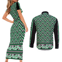New Zealand Maori Niho Taniwha Couples Matching Short Sleeve Bodycon Dress and Long Sleeve Button Shirt Kakariki Mangopare and Puhoro Pattern LT9 - Polynesian Pride