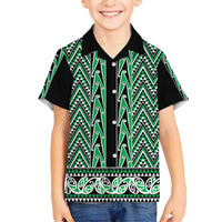 New Zealand Maori Niho Taniwha Family Matching Off Shoulder Short Dress and Hawaiian Shirt Kakariki Mangopare and Puhoro Pattern LT9 Son's Shirt Green - Polynesian Pride