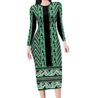 New Zealand Maori Niho Taniwha Long Sleeve Bodycon Dress Kakariki Mangopare and Puhoro Pattern LT9 Long Dress Green - Polynesian Pride