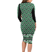 New Zealand Maori Niho Taniwha Long Sleeve Bodycon Dress Kakariki Mangopare and Puhoro Pattern LT9 - Polynesian Pride
