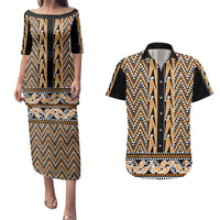 New Zealand Maori Niho Taniwha Couples Matching Puletasi and Hawaiian Shirt Karaka Mangopare and Puhoro Pattern LT9 Gold - Polynesian Pride