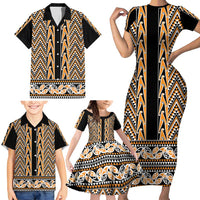 New Zealand Maori Niho Taniwha Family Matching Short Sleeve Bodycon Dress and Hawaiian Shirt Karaka Mangopare and Puhoro Pattern