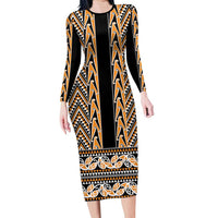 New Zealand Maori Niho Taniwha Long Sleeve Bodycon Dress Karaka Mangopare and Puhoro Pattern LT9 Long Dress Gold - Polynesian Pride