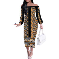 New Zealand Maori Niho Taniwha Off The Shoulder Long Sleeve Dress Karaka Mangopare and Puhoro Pattern LT9 Women Gold - Polynesian Pride
