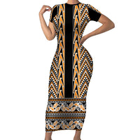 New Zealand Maori Niho Taniwha Short Sleeve Bodycon Dress Karaka Mangopare and Puhoro Pattern LT9 Long Dress Gold - Polynesian Pride