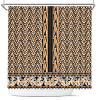 New Zealand Maori Niho Taniwha Shower Curtain Karaka Mangopare and Puhoro Pattern