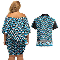 New Zealand Maori Niho Taniwha Couples Matching Off Shoulder Short Dress and Hawaiian Shirt Kikorangi Mangopare and Puhoro Pattern