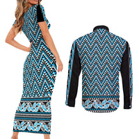 New Zealand Maori Niho Taniwha Couples Matching Short Sleeve Bodycon Dress and Long Sleeve Button Shirt Kikorangi Mangopare and Puhoro Pattern