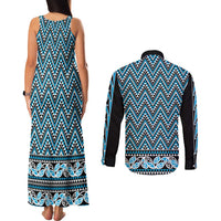 New Zealand Maori Niho Taniwha Couples Matching Tank Maxi Dress and Long Sleeve Button Shirt Kikorangi Mangopare and Puhoro Pattern