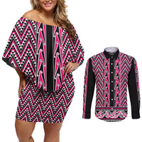 New Zealand Maori Niho Taniwha Couples Matching Off Shoulder Short Dress and Long Sleeve Button Shirt Mawhero Mangopare and Puhoro Pattern