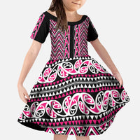 New Zealand Maori Niho Taniwha Family Matching Off The Shoulder Long Sleeve Dress and Hawaiian Shirt Mawhero Mangopare and Puhoro Pattern LT9 Daughter's Dress Pink - Polynesian Pride
