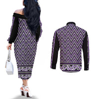 New Zealand Maori Niho Taniwha Couples Matching Off The Shoulder Long Sleeve Dress and Long Sleeve Button Shirt Waiporopo Mangopare and Puhoro Pattern LT9 - Polynesian Pride