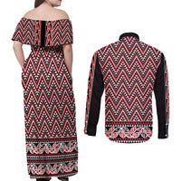New Zealand Maori Niho Taniwha Couples Matching Off Shoulder Maxi Dress and Long Sleeve Button Shirt Whero Mangopare and Puhoro Pattern