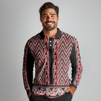 New Zealand Maori Niho Taniwha Long Sleeve Polo Shirt Whero Mangopare and Puhoro Pattern