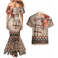 Vintage Bula Fiji Personalised Couples Matching Mermaid Dress and Hawaiian Shirt Beige Hibiscus Tapa Pattern LT9 - Polynesian Pride