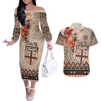 Vintage Bula Fiji Personalised Couples Matching Off The Shoulder Long Sleeve Dress and Hawaiian Shirt Beige Hibiscus Tapa Pattern LT9 Beige - Polynesian Pride