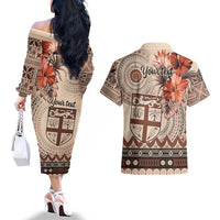 Vintage Bula Fiji Personalised Couples Matching Off The Shoulder Long Sleeve Dress and Hawaiian Shirt Beige Hibiscus Tapa Pattern LT9 - Polynesian Pride
