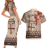 Vintage Bula Fiji Personalised Couples Matching Short Sleeve Bodycon Dress and Hawaiian Shirt Beige Hibiscus Tapa Pattern LT9 - Polynesian Pride