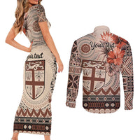 Vintage Bula Fiji Personalised Couples Matching Short Sleeve Bodycon Dress and Long Sleeve Button Shirt Beige Hibiscus Tapa Pattern LT9 - Polynesian Pride