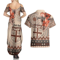 Vintage Bula Fiji Personalised Couples Matching Summer Maxi Dress and Hawaiian Shirt Beige Hibiscus Tapa Pattern LT9 - Polynesian Pride