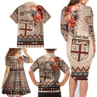 Vintage Bula Fiji Personalised Family Matching Long Sleeve Bodycon Dress and Hawaiian Shirt Beige Hibiscus Tapa Pattern LT9 - Polynesian Pride