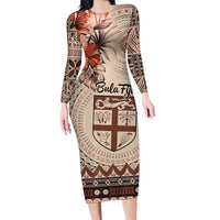Vintage Bula Fiji Personalised Family Matching Long Sleeve Bodycon Dress and Hawaiian Shirt Beige Hibiscus Tapa Pattern LT9 Mom's Dress Beige - Polynesian Pride