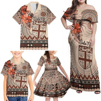 Vintage Bula Fiji Personalised Family Matching Off Shoulder Maxi Dress and Hawaiian Shirt Beige Hibiscus Tapa Pattern LT9 - Polynesian Pride