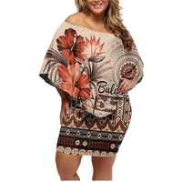 Vintage Bula Fiji Personalised Family Matching Off Shoulder Short Dress and Hawaiian Shirt Beige Hibiscus Tapa Pattern LT9 Mom's Dress Beige - Polynesian Pride