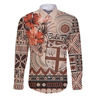 Vintage Bula Fiji Personalised Family Matching Short Sleeve Bodycon Dress and Hawaiian Shirt Beige Hibiscus Tapa Pattern LT9 Dad's Shirt - Long Sleeve Beige - Polynesian Pride