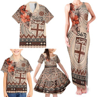 Vintage Bula Fiji Personalised Family Matching Tank Maxi Dress and Hawaiian Shirt Beige Hibiscus Tapa Pattern LT9 - Polynesian Pride
