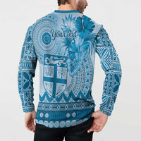 Vintage Bula Fiji Personalised Button Sweatshirt Blue Hibiscus Tapa Pattern