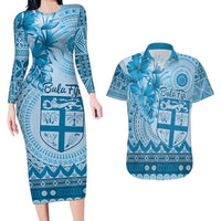 Vintage Bula Fiji Personalised Couples Matching Long Sleeve Bodycon Dress and Hawaiian Shirt Blue Hibiscus Tapa Pattern LT9 Blue - Polynesian Pride