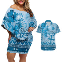 Vintage Bula Fiji Personalised Couples Matching Off Shoulder Short Dress and Hawaiian Shirt Blue Hibiscus Tapa Pattern LT9 Blue - Polynesian Pride