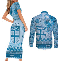 Vintage Bula Fiji Personalised Couples Matching Short Sleeve Bodycon Dress and Long Sleeve Button Shirt Blue Hibiscus Tapa Pattern LT9 - Polynesian Pride