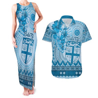 Vintage Bula Fiji Personalised Couples Matching Tank Maxi Dress and Hawaiian Shirt Blue Hibiscus Tapa Pattern LT9 Blue - Polynesian Pride