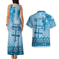 Vintage Bula Fiji Personalised Couples Matching Tank Maxi Dress and Hawaiian Shirt Blue Hibiscus Tapa Pattern LT9 - Polynesian Pride