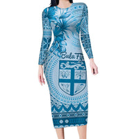 Vintage Bula Fiji Personalised Family Matching Long Sleeve Bodycon Dress and Hawaiian Shirt Blue Hibiscus Tapa Pattern LT9 Mom's Dress Blue - Polynesian Pride