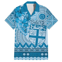 Vintage Bula Fiji Personalised Family Matching Off The Shoulder Long Sleeve Dress and Hawaiian Shirt Blue Hibiscus Tapa Pattern LT9 Dad's Shirt - Short Sleeve Blue - Polynesian Pride