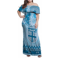 Vintage Bula Fiji Personalised Family Matching Off Shoulder Maxi Dress and Hawaiian Shirt Blue Hibiscus Tapa Pattern LT9 Mom's Dress Blue - Polynesian Pride