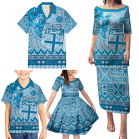 Vintage Bula Fiji Personalised Family Matching Puletasi and Hawaiian Shirt Blue Hibiscus Tapa Pattern LT9 - Polynesian Pride