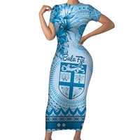 Vintage Bula Fiji Personalised Family Matching Short Sleeve Bodycon Dress and Hawaiian Shirt Blue Hibiscus Tapa Pattern LT9 Mom's Dress Blue - Polynesian Pride