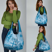 Vintage Bula Fiji Personalised Grocery Bag Blue Hibiscus Tapa Pattern LT9
