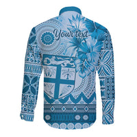 Vintage Bula Fiji Personalised Long Sleeve Button Shirt Blue Hibiscus Tapa Pattern