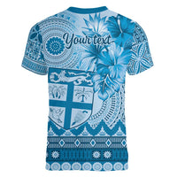 Vintage Bula Fiji Personalised Women V-Neck T-Shirt Blue Hibiscus Tapa Pattern LT9 - Polynesian Pride