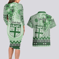 Vintage Bula Fiji Personalised Couples Matching Long Sleeve Bodycon Dress and Hawaiian Shirt Green Hibiscus Tapa Pattern LT9 - Polynesian Pride