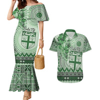 Vintage Bula Fiji Personalised Couples Matching Mermaid Dress and Hawaiian Shirt Green Hibiscus Tapa Pattern LT9 Green - Polynesian Pride